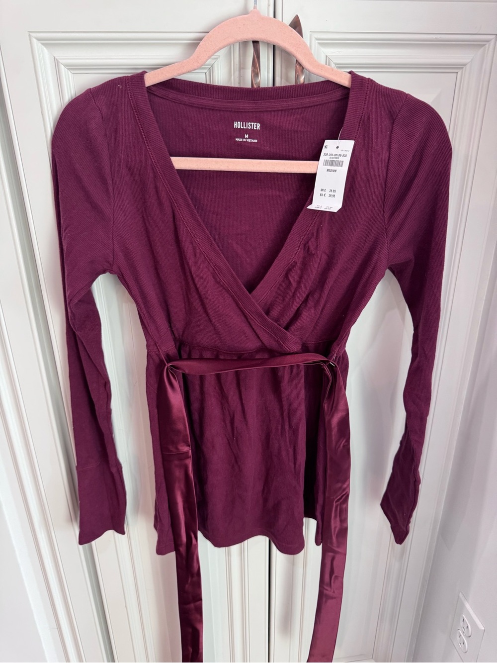 Hollister Women's Deep Maroon Wrap Tie-Front Long Sleeve Top